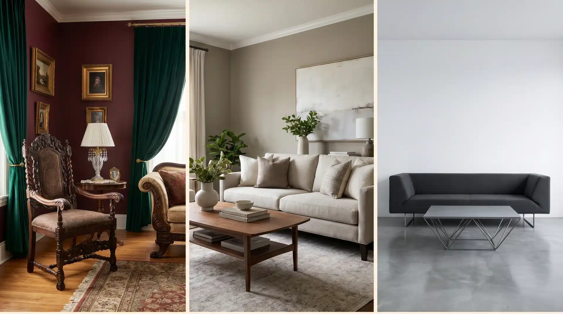 A side-by-side comparison of three interior design styles: ornate traditional, neutral transitional, and sleek contemporary.