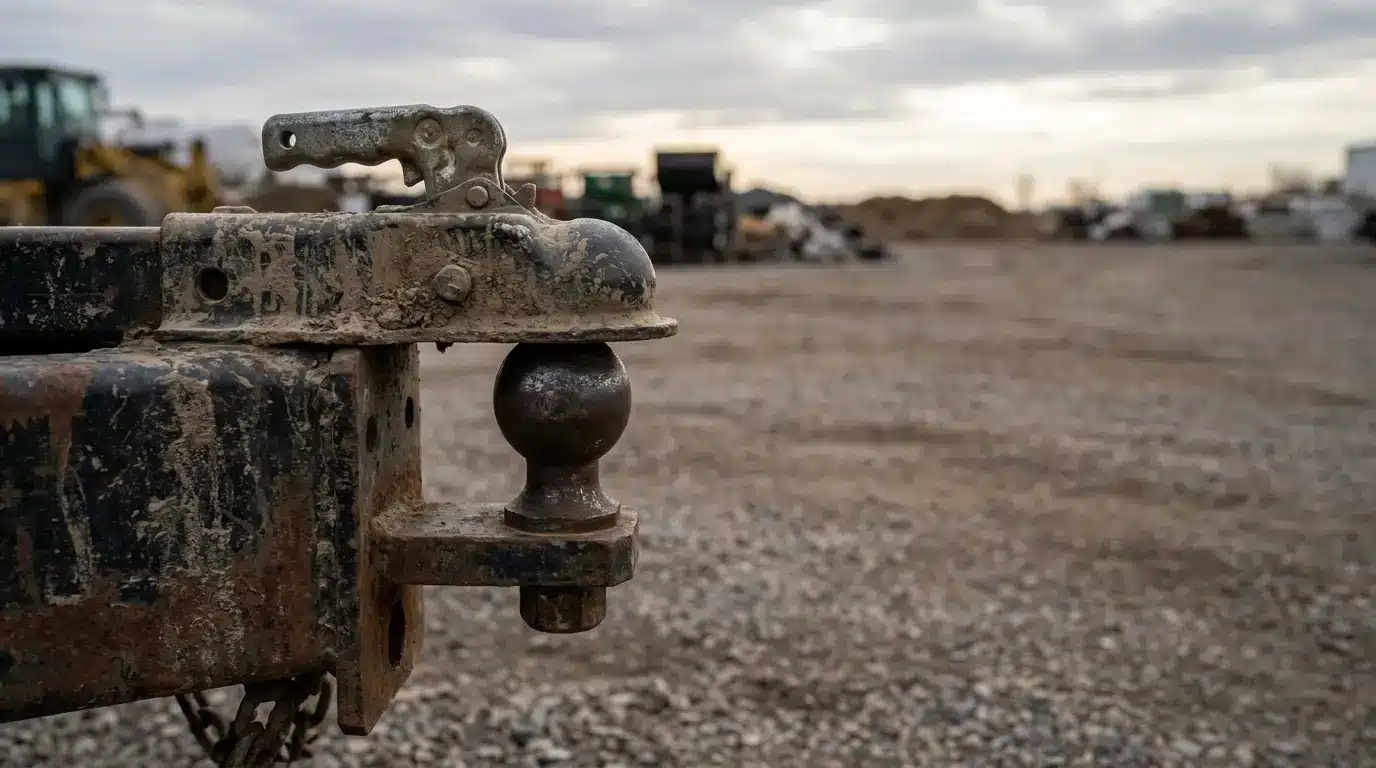 Rusty trailer hitch close-up on gravel lot with construction equipment in background