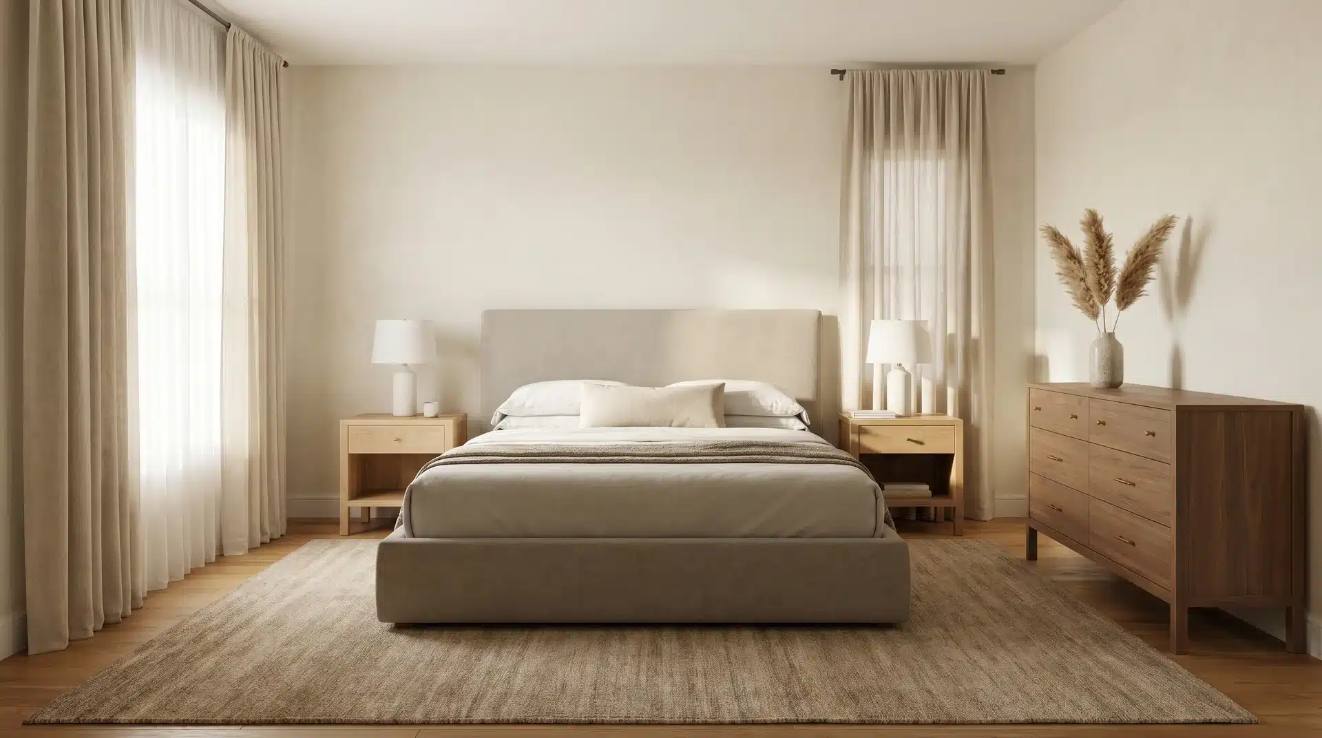 Transitional bedroom in neutral tones featuring a contemporary upholstered bed, matching wood dressers, and long drapes.