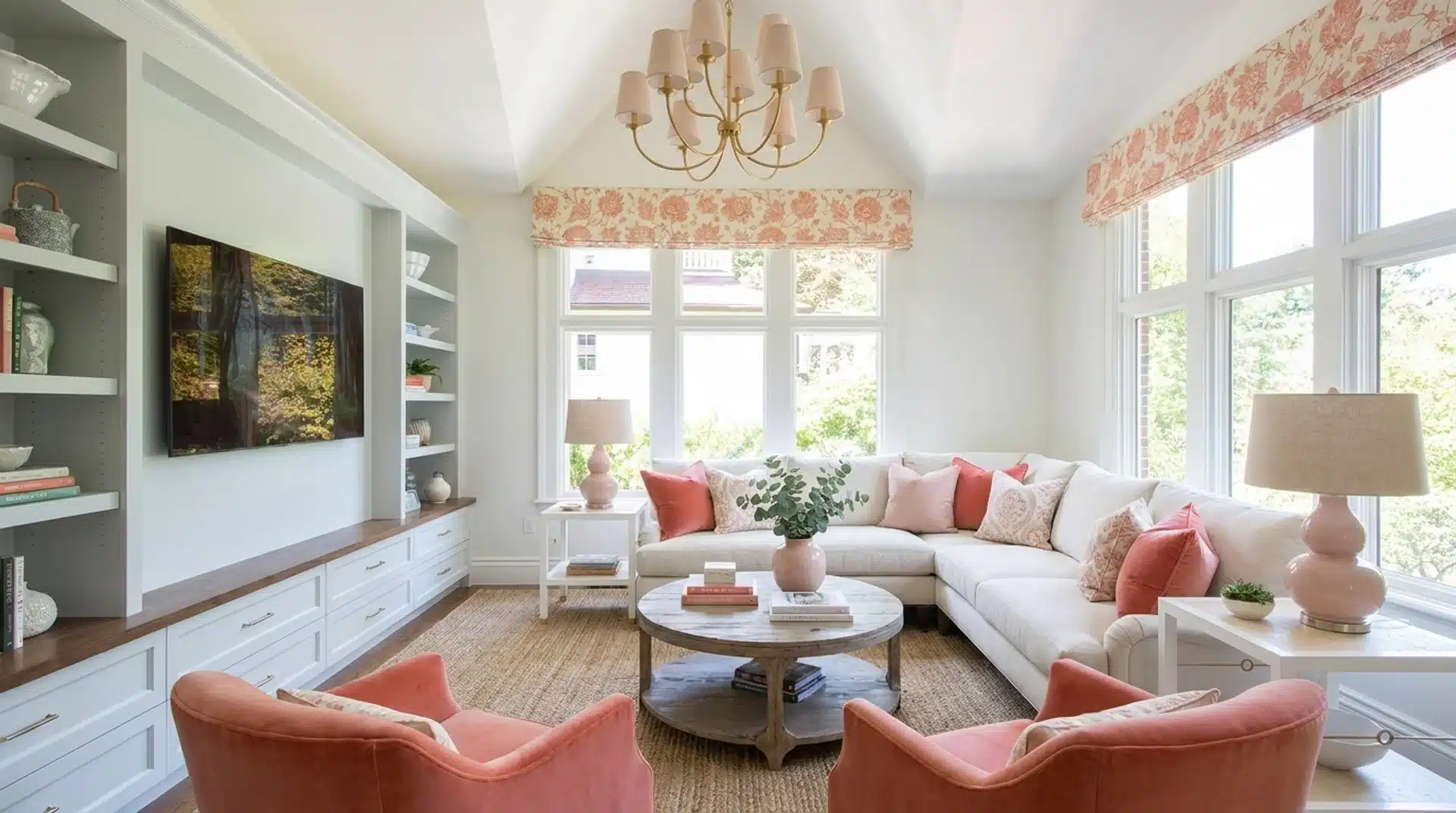 Transitional living room with an off-white sectional, coral accent chairs, built-in media console, and a classic chandelier.