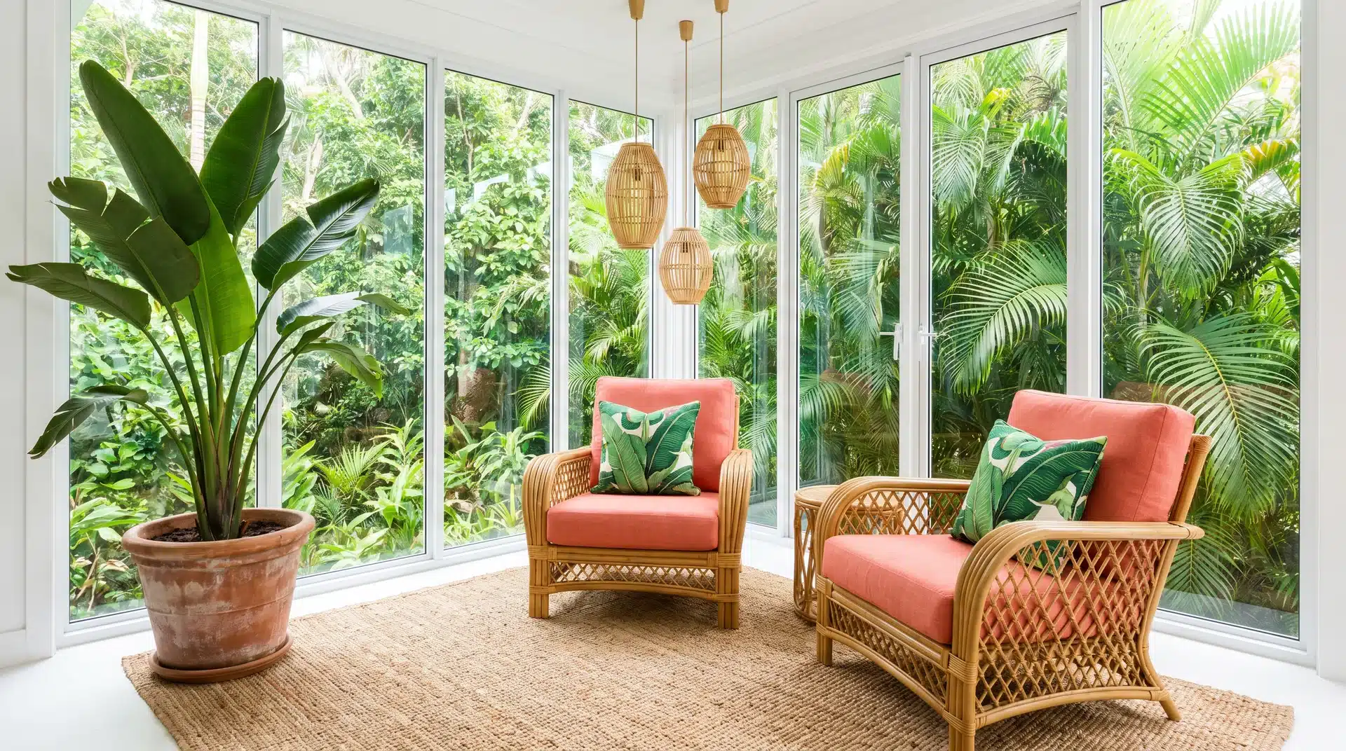 Airy tropical seating area with woven wicker chairs, a tall indoor banana plant, and floor-to-ceiling glass windows.