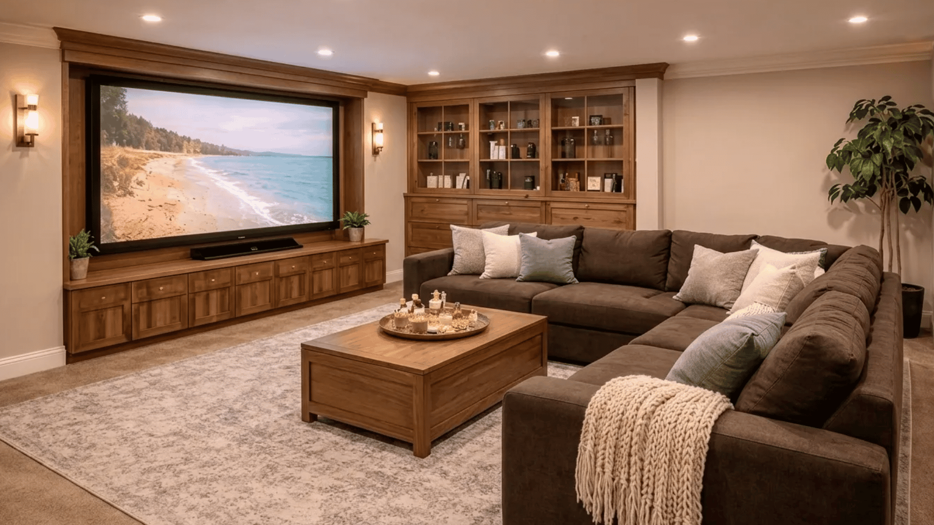 TV-centered living room layout with a large sectional sofa, warm wood accents, and a cozy entertainment-focused setup.