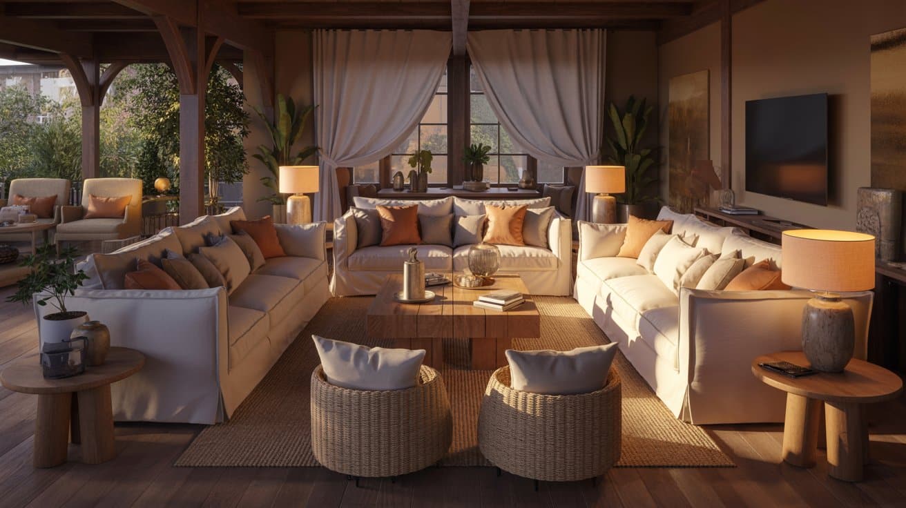 Living room with U-shaped seating around a coffee table, TV off to the side, cozy furniture arranged for conversation, warm lighting, and an inviting, social atmosphere.
