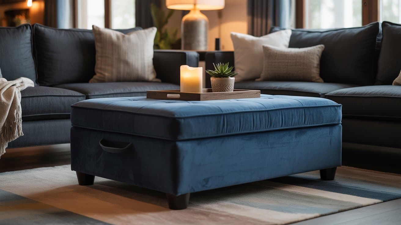 Living room with an upholstered storage ottoman in performance velvet, topped with a tray holding decor, serving as coffee table, seating, and hidden storage.