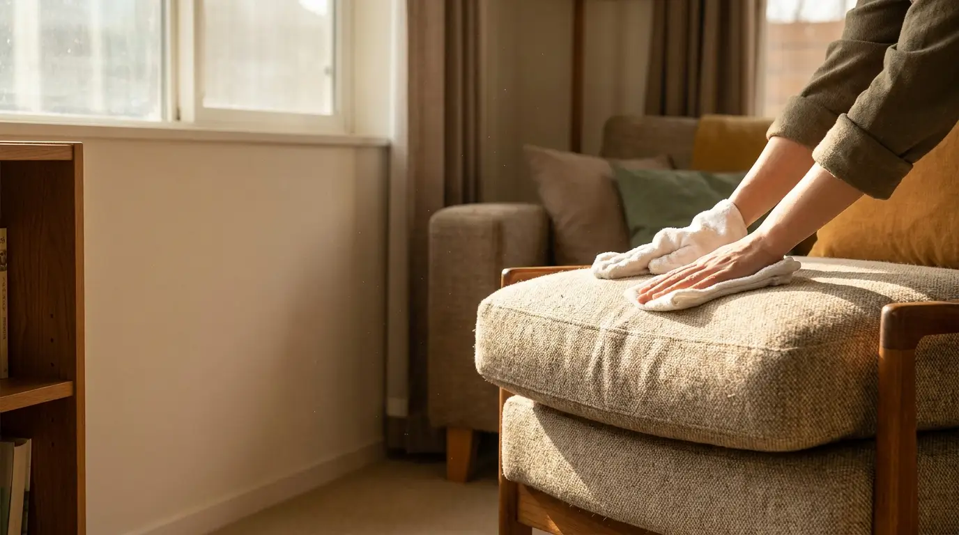 Hands cleaning a beige sofa cushion with a white cloth in a sunlit living room