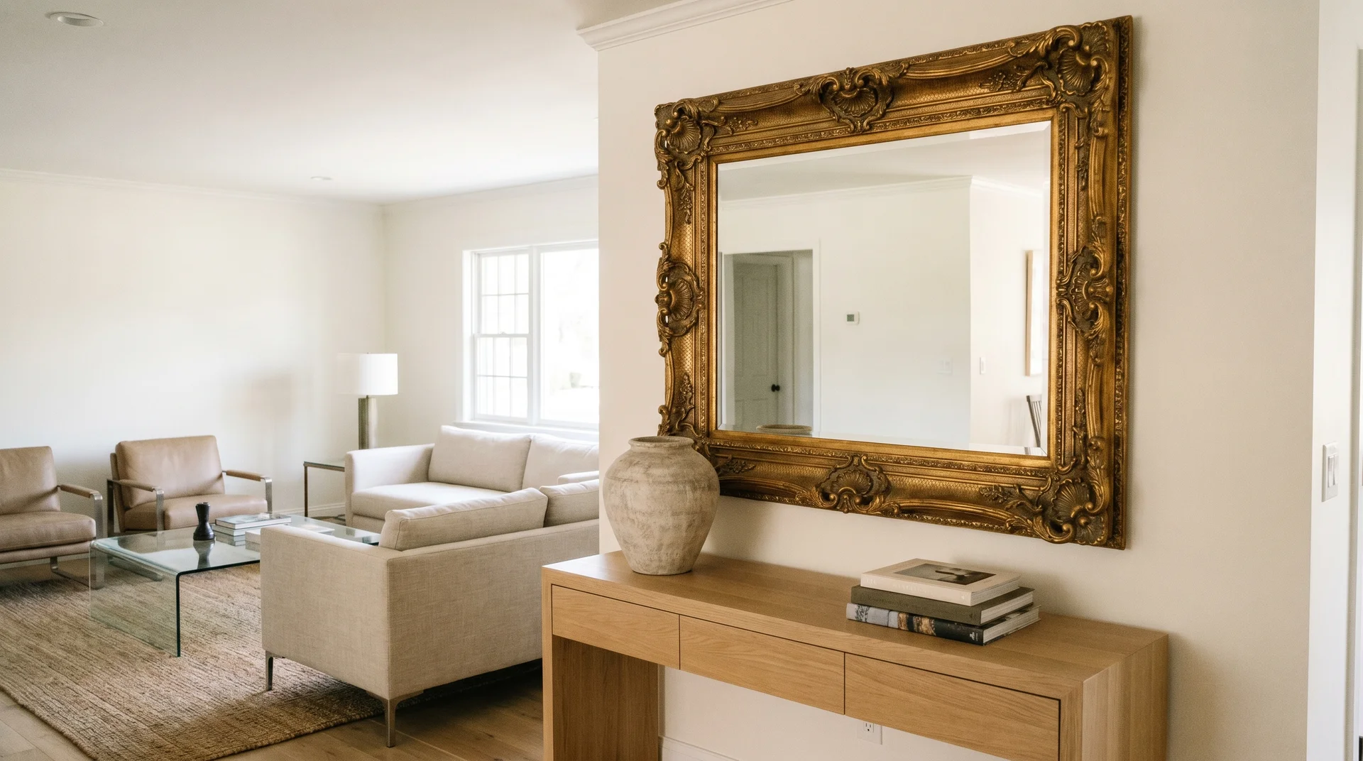 An ornate gold-framed vintage mirror hung above a light wood console table in a bright, neutral transitional living room.