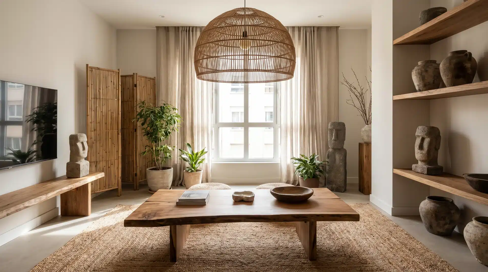 A warm, neutral living space with a wooden coffee table, a jute area rug, a rattan side chair, and a large woven bamboo pendant light.