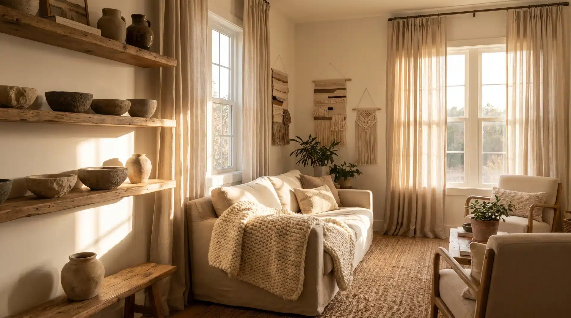 A warm living room with beige sofas, a knit throw blanket, linen curtains, and rustic wooden shelves filled with ceramic pottery.