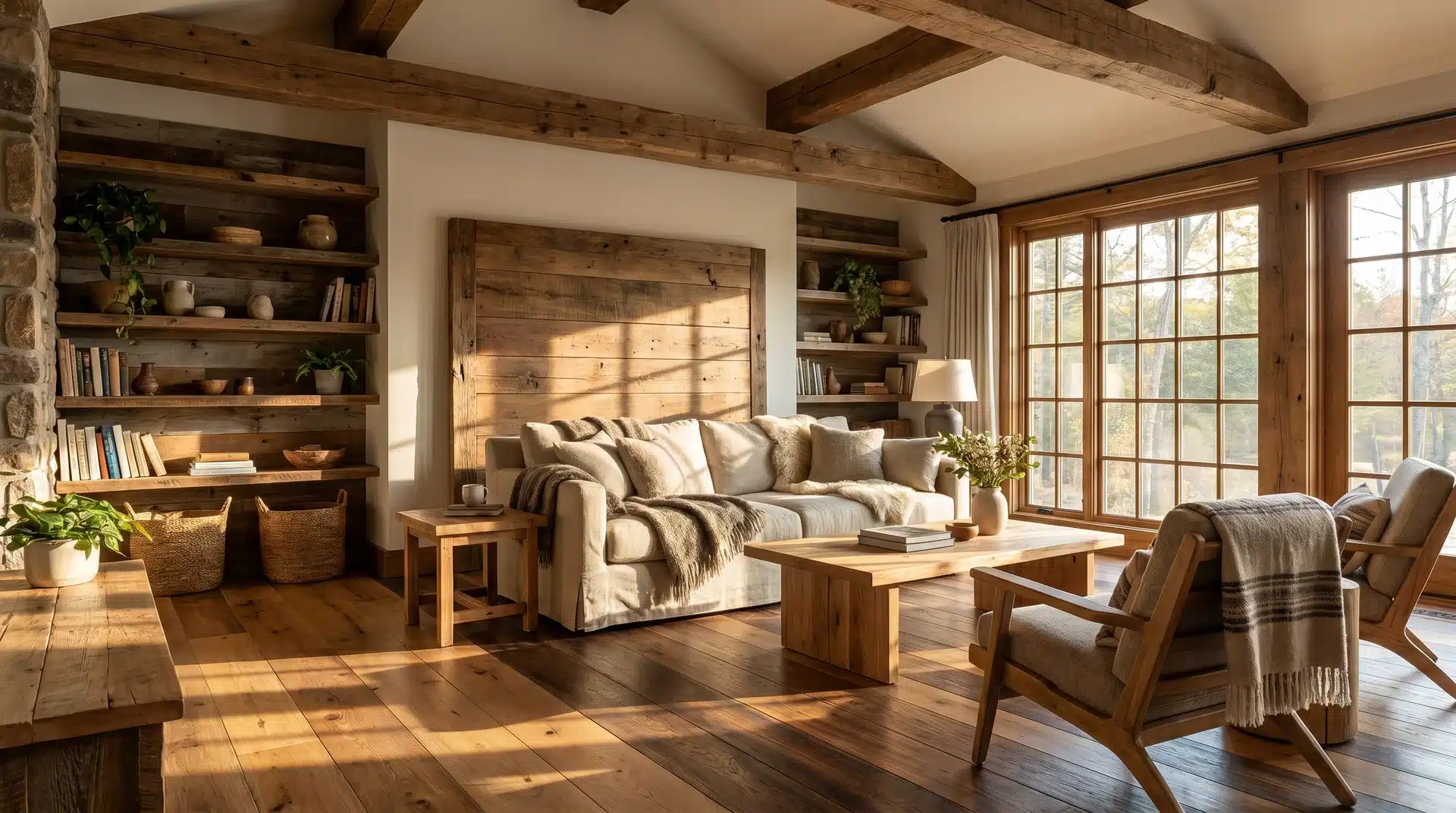 Rustic living room with exposed ceiling beams, wood paneled walls, a neutral sofa, and light hardwood floors.