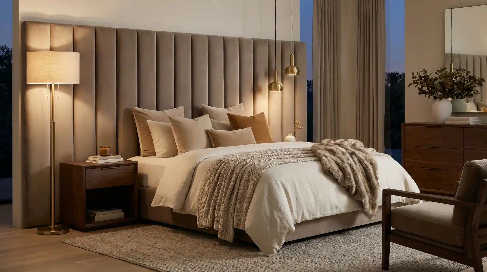 Neutral bedroom featuring a modern vertical channel-tufted velvet headboard, layered cream bedding, and soft warm lighting.