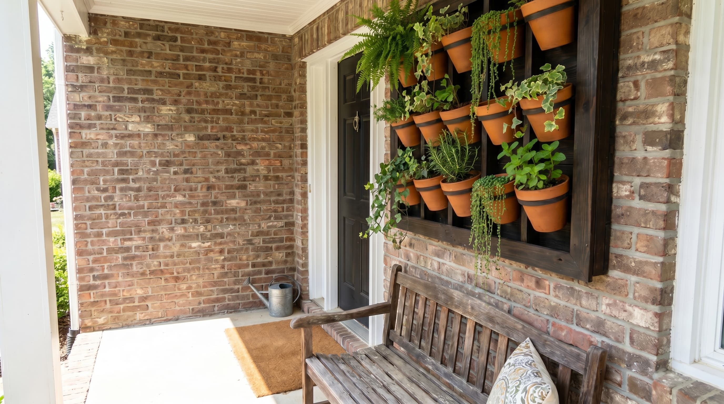 Small front porch ideas with a vertical wall-mounted garden panel with trailing ferns, herbs, and green succulents.