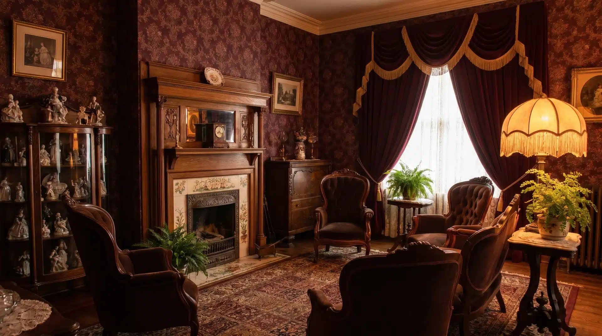 Ornate Victorian living room with patterned red wallpaper, a grand wooden fireplace mantel, and heavy dark drapes.