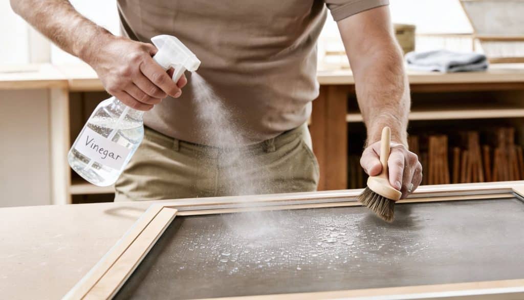 Person spraying cleaning solution onto reusable air filter while brushing away dust in workshop.