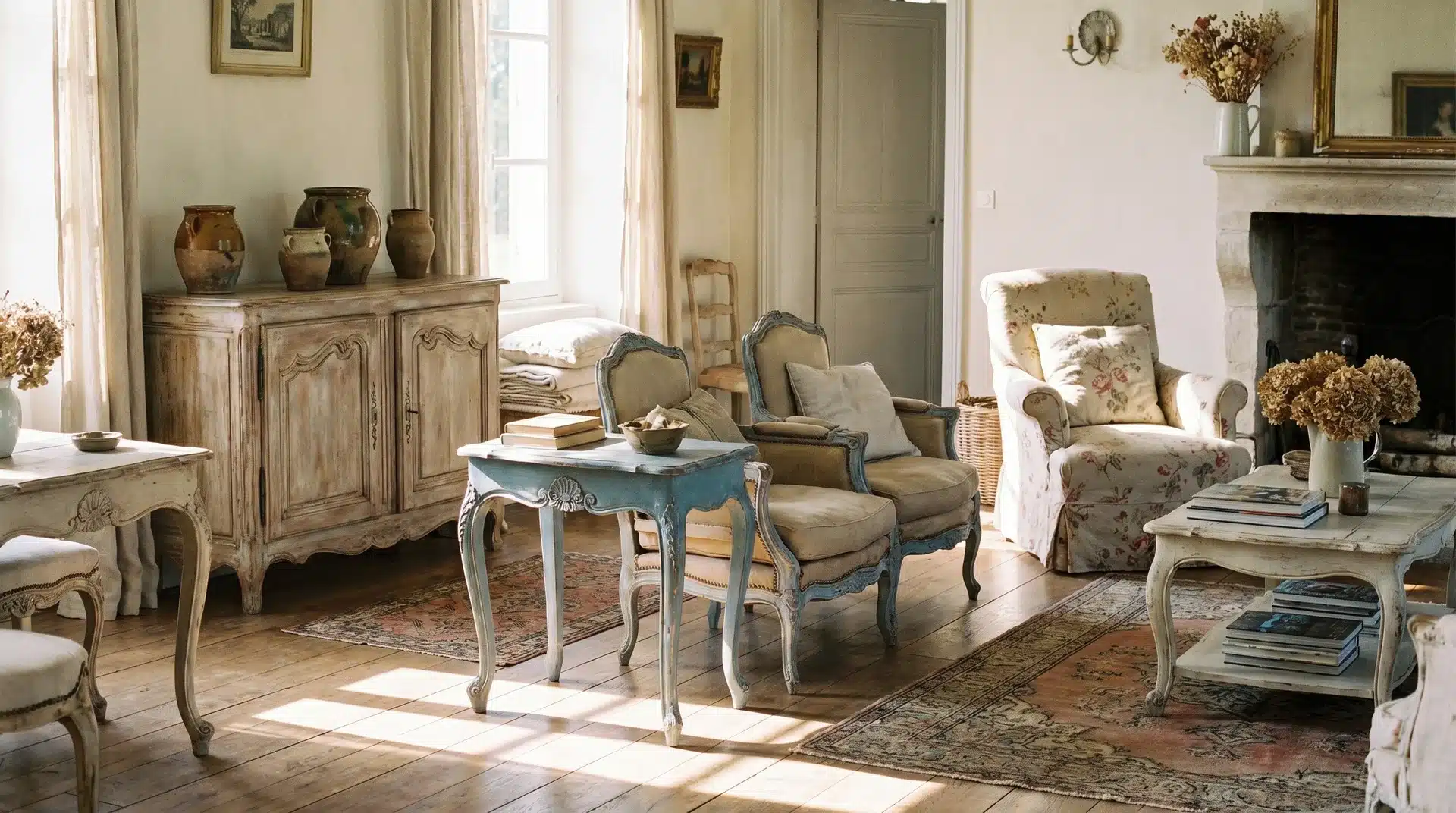 French country living room with vintage furniture, distressed wood tables, and upholstered armchairs.
