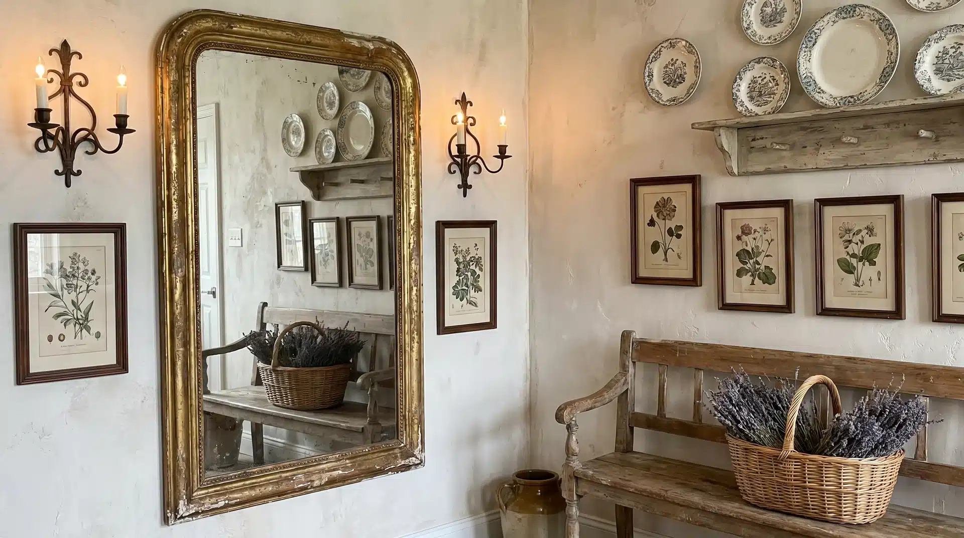 Worn wooden floor, antique chair, sunlight, patterned rug, open kitchen, rustic French style.