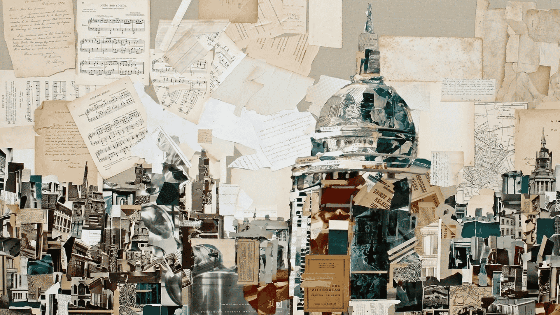 Vintage paper collage artwork featuring layered city architecture, old documents, maps, and sheet music pieces.