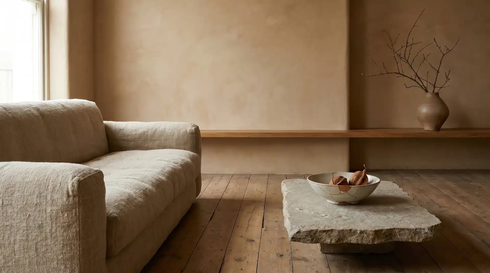 erene wabi-sabi space featuring raw plaster walls, a neutral fabric couch, and a rough-hewn stone table.