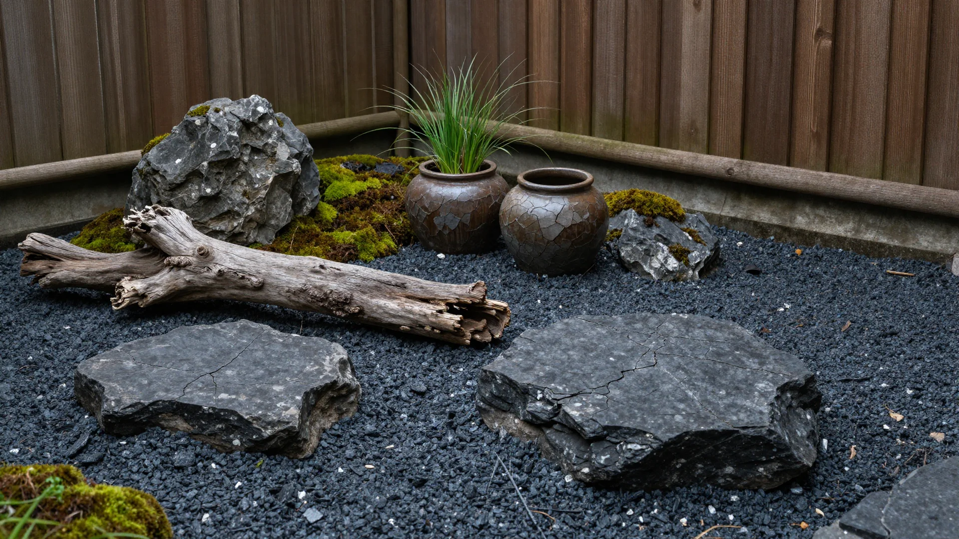 An imperfect wabi-sabi garden featuring dark gravel, rough stones, a weathered piece of driftwood, and small potted plants against a dark wooden fence.