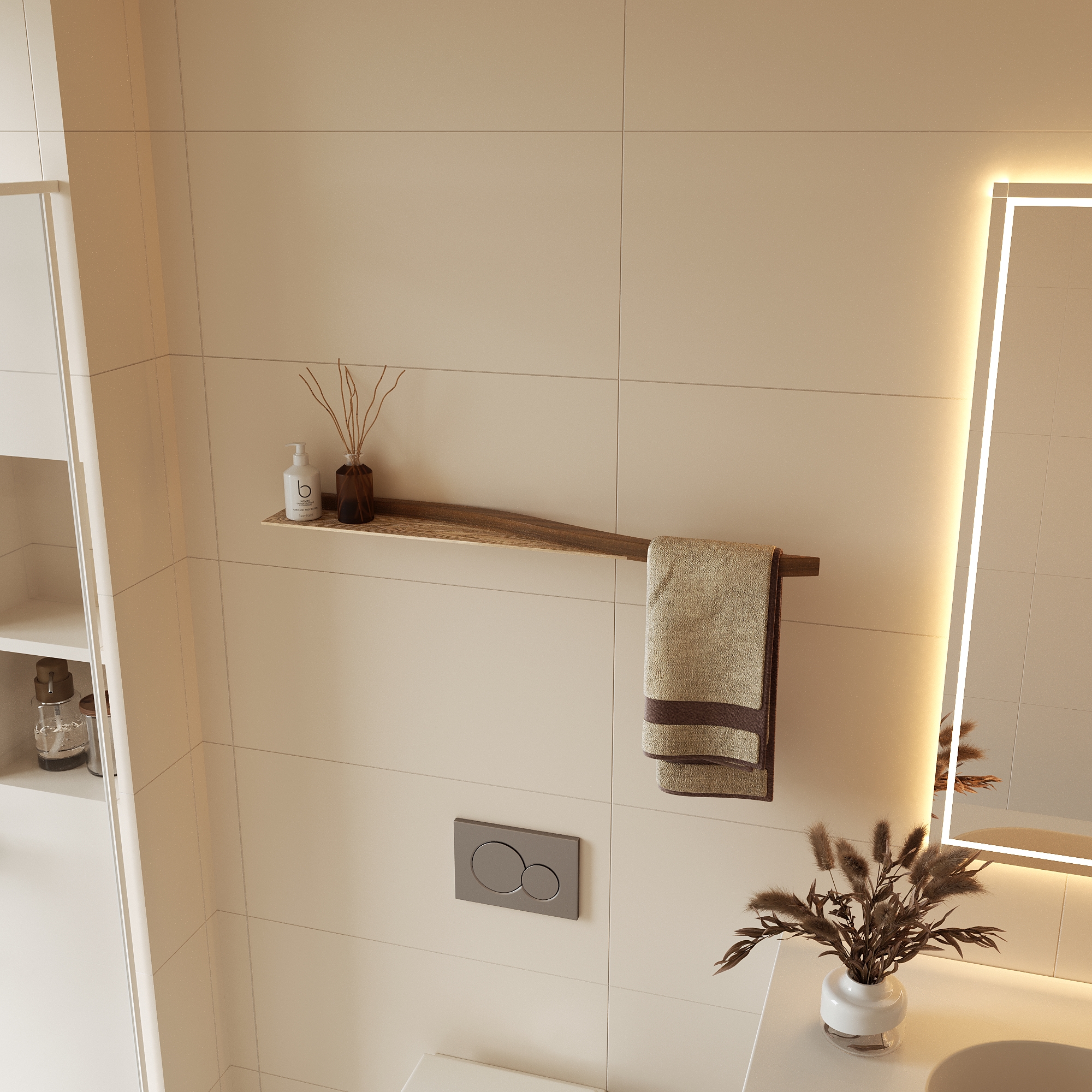 wall mounted towel holder from wood with shelf for modern bathroom