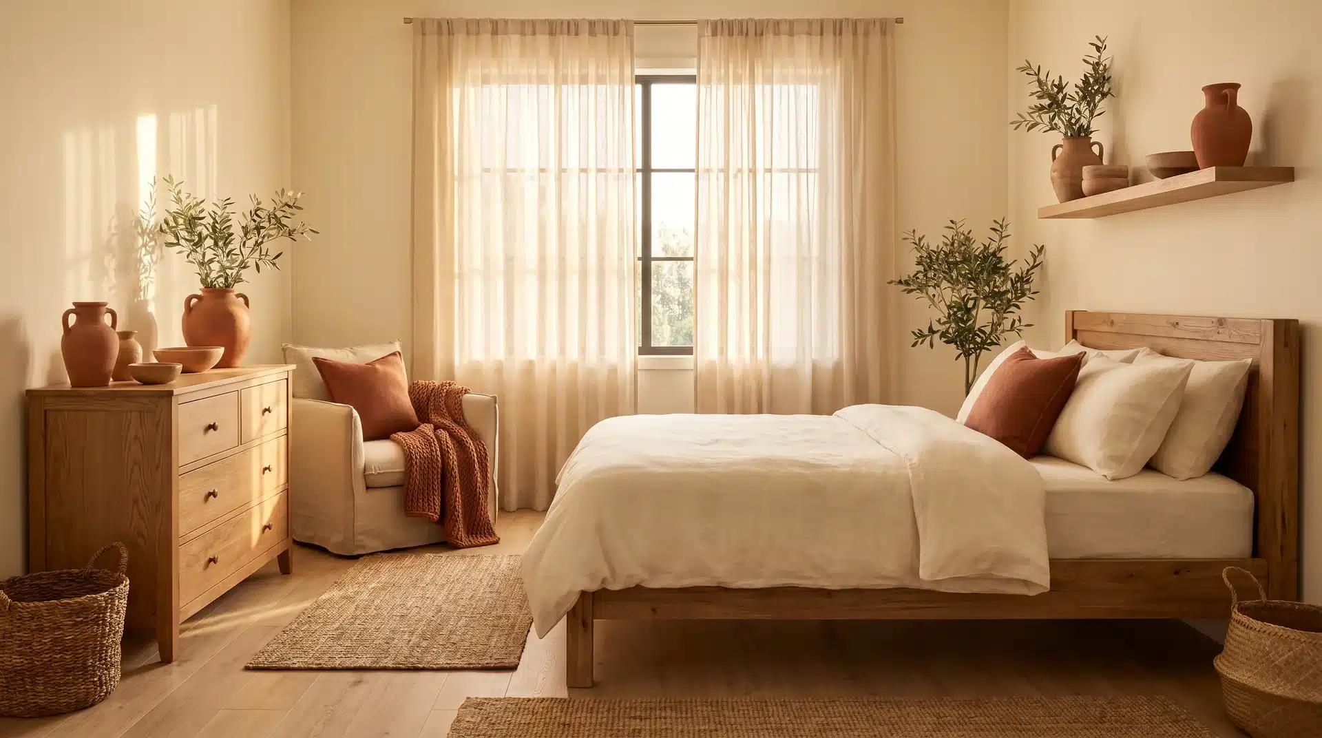 Warm ivory bedroom featuring a rustic wooden bed with cream bedding, rust-toned pillows, and matching wooden furniture.