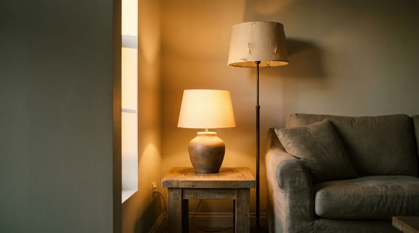 Warmly lit living room with rustic lamp on wooden side table beside gray sofa