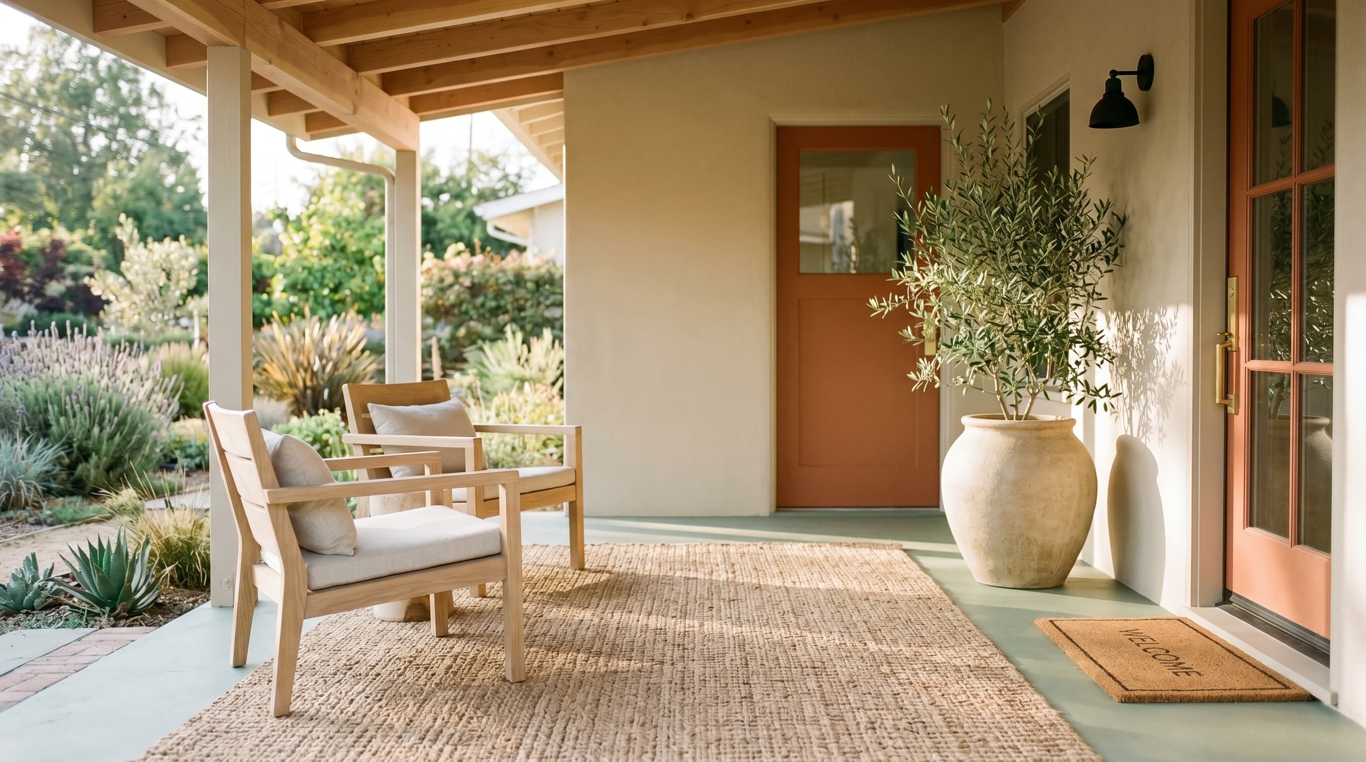 Warm minimalist front porch ideas with natural wood chairs, a jute rug, and a single ceramic planter by the door.