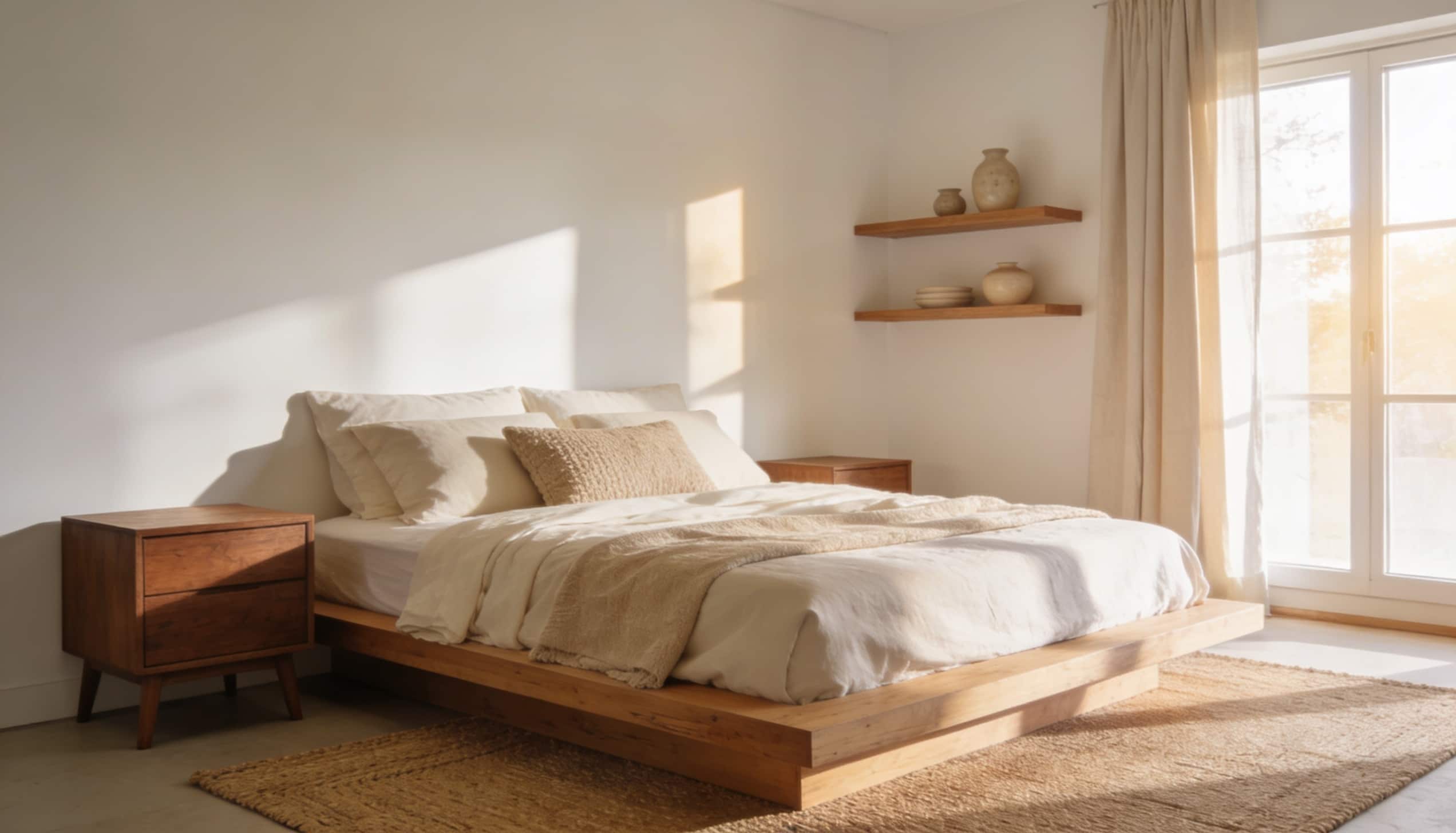 Bright bedroom featuring warm white walls, a light wood platform bed with cream layered bedding, a matching nightstand, and a large window.