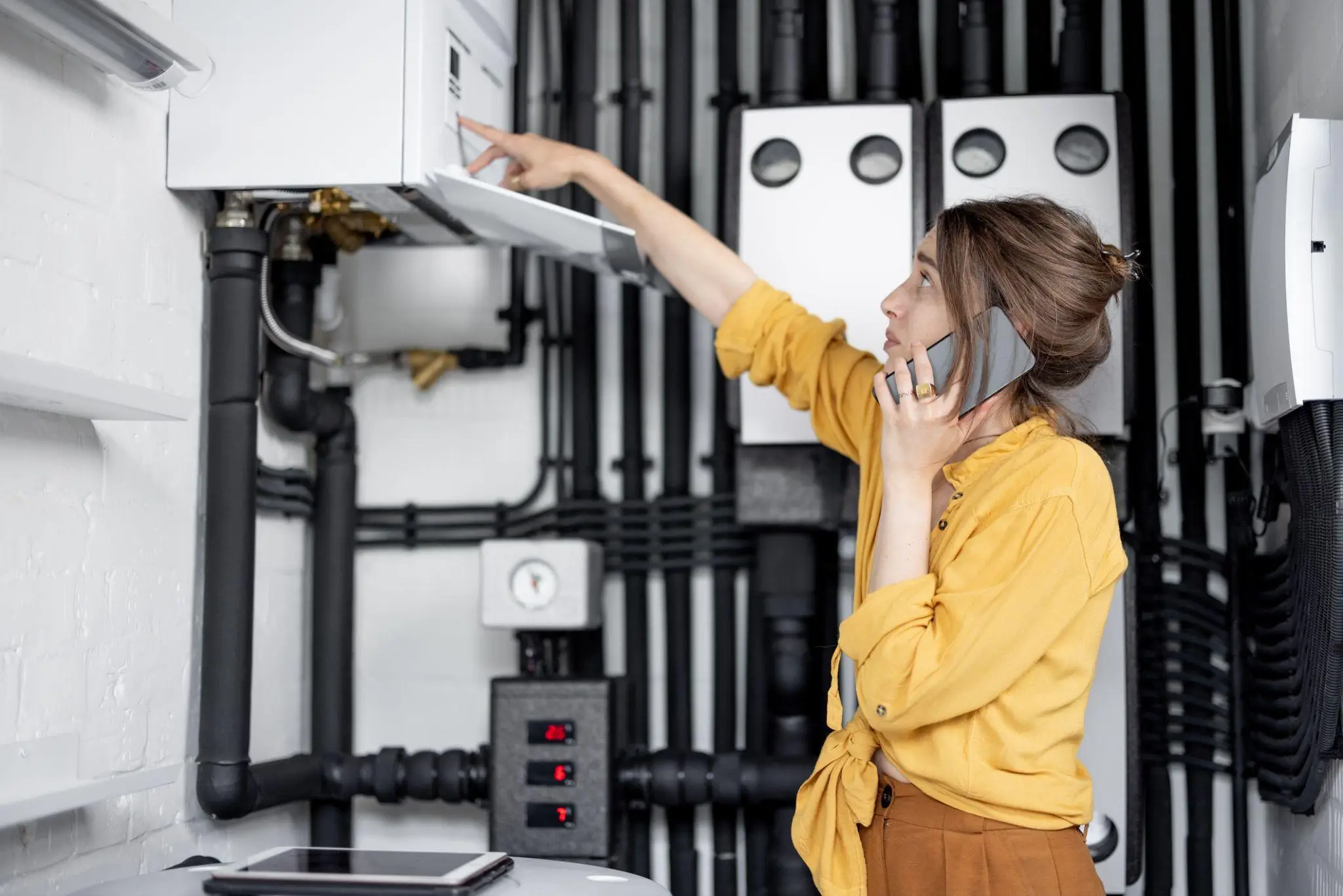 Woman in yellow shirt adjusting control panel in industrial utility room