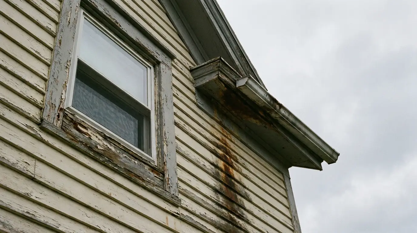 Peeling paint and rusted gutter on old wooden house exterior under cloudy sky