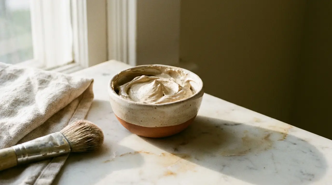Bowl of whipped cream and wooden brush on a marble countertop in natural light