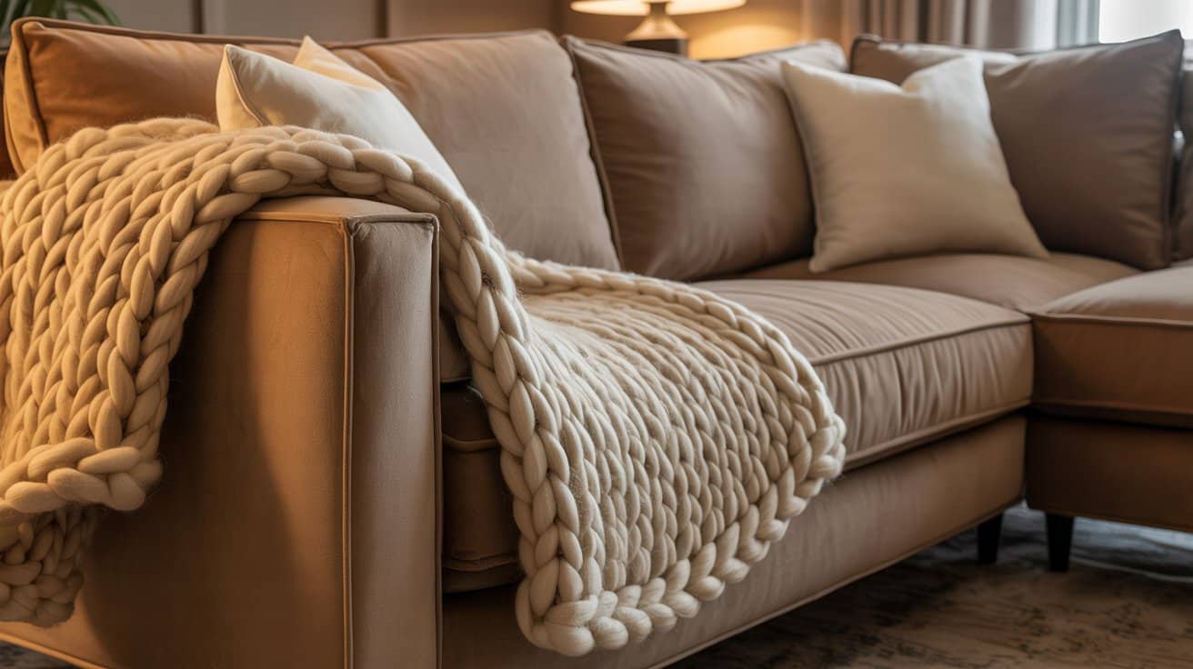 Sofa with a folded chunky-knit weighted throw over the arm, combining cozy style with functional warmth and comfort in a modern living room setting.