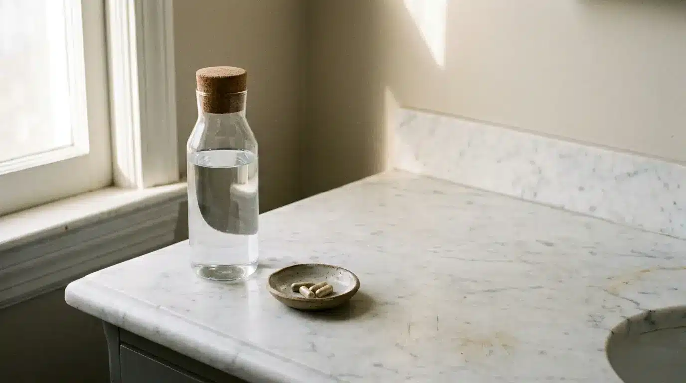Glass bottle with cork and small dish of capsules on marble countertop in sunlight