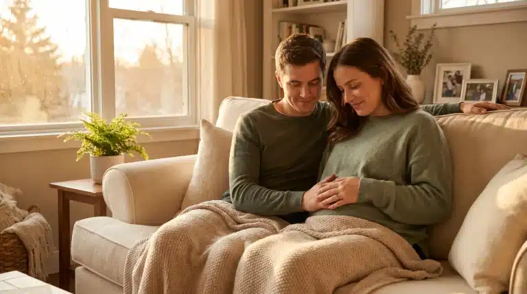 Couple sitting on beige couch in cozy living room, hand on belly, warm sunlight streaming through windows
