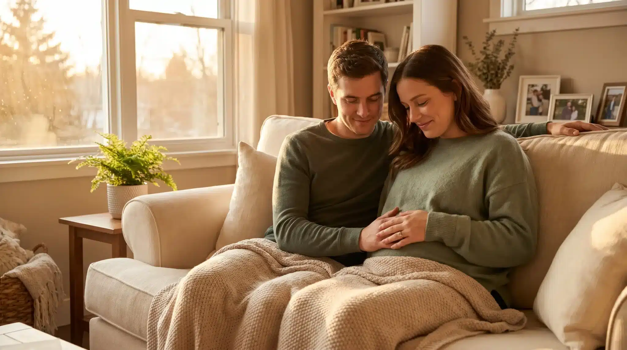Couple sitting on beige couch in cozy living room, hand on belly, warm sunlight streaming through windows