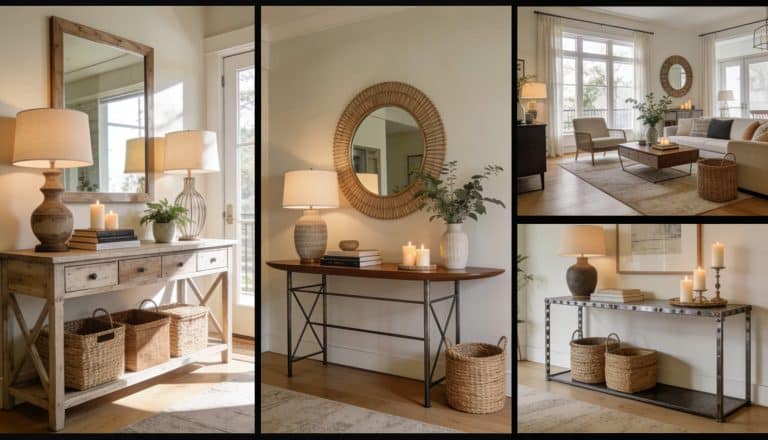 A collage of styled console tables in different home interiors, featuring decorative lamps, mirrors, candles, and storage baskets.