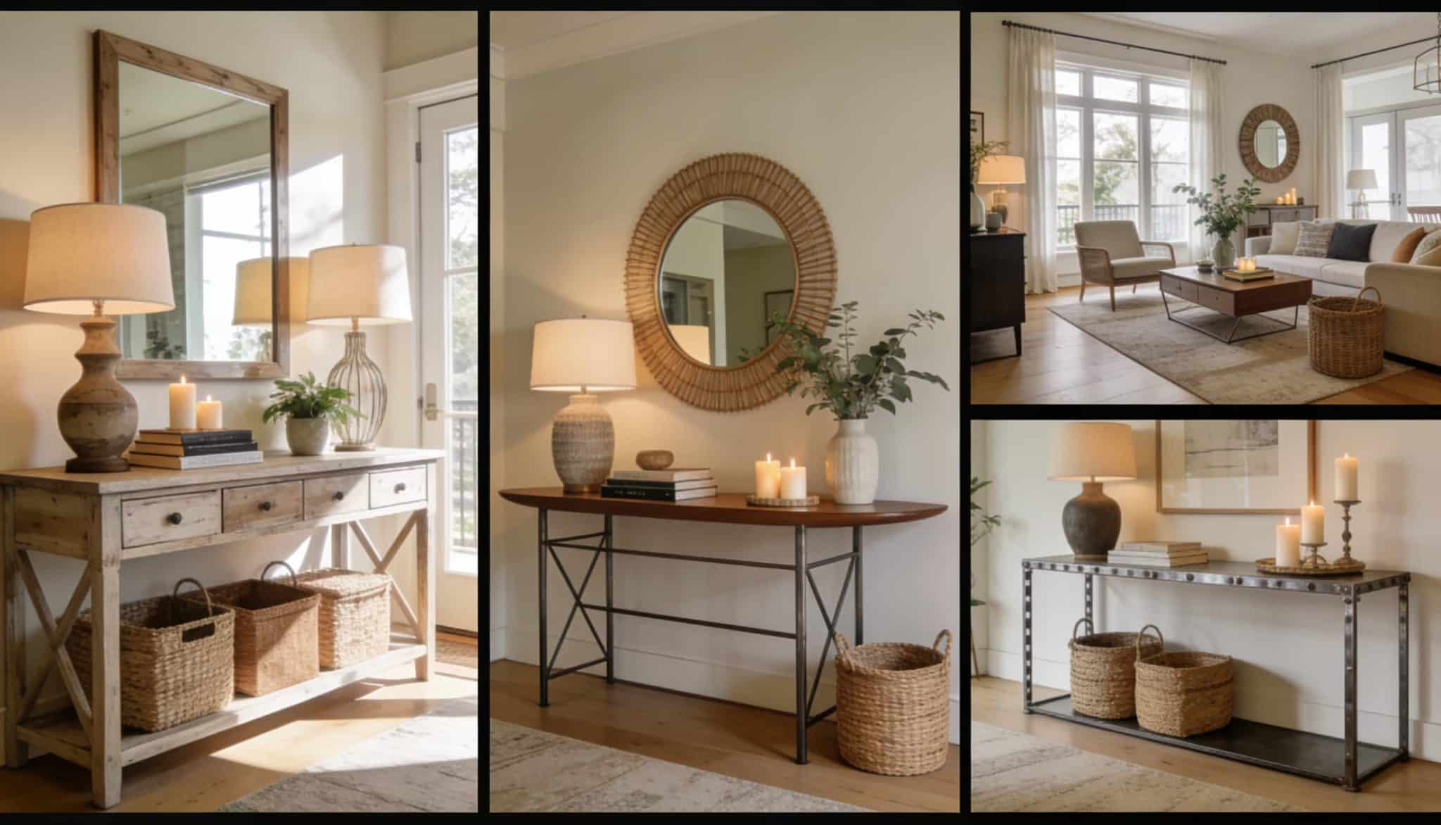 A collage of styled console tables in different home interiors, featuring decorative lamps, mirrors, candles, and storage baskets.
