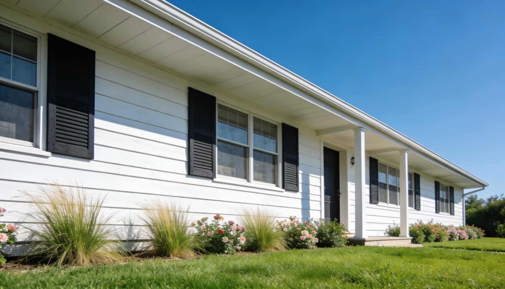A single-story ranch-style house with white siding, black window shutters, and a well-manicured green front lawn under a clear blue sky.