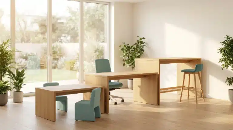 Minimalist office with light wood furniture and teal chairs in bright, plant-filled space
