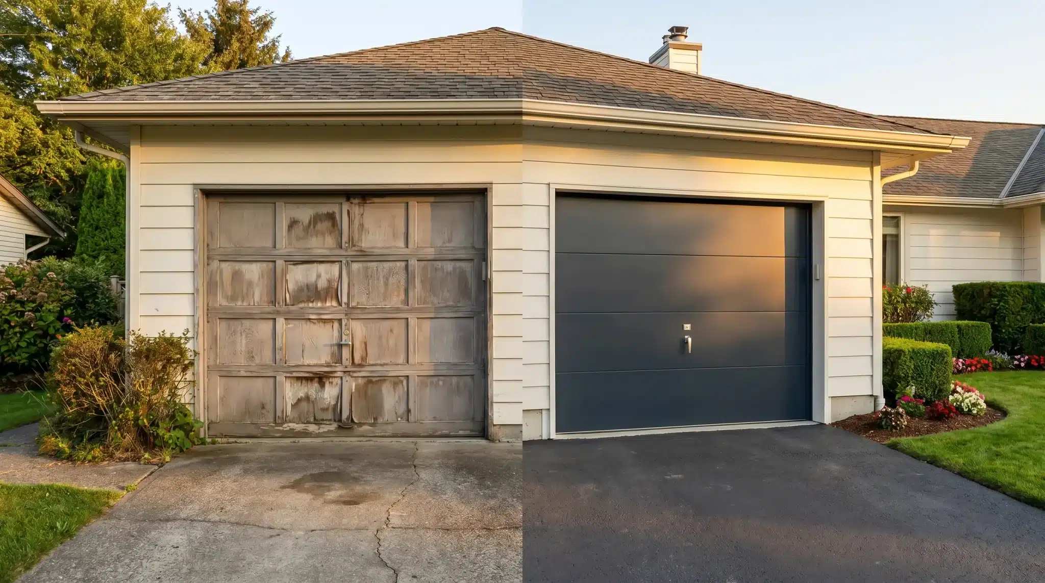 Comparison of old wooden garage door and new modern blue door with driveway in sunny setting