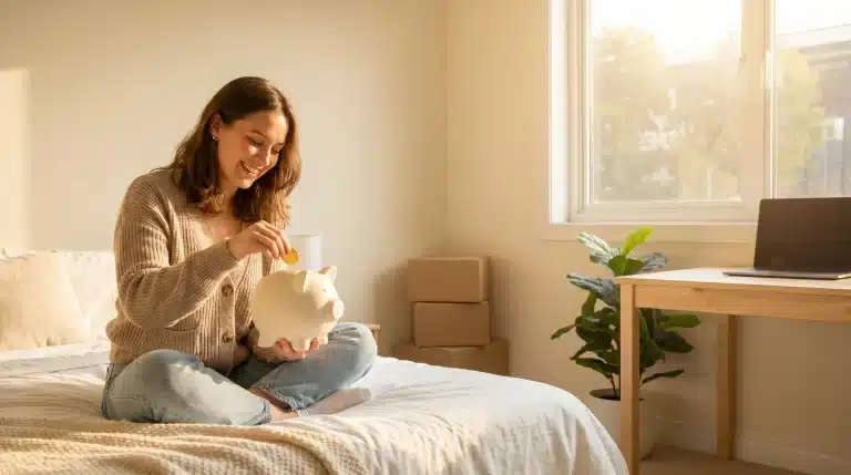 Woman in cozy bedroom putting coin in piggy bank, sitting on bed near window