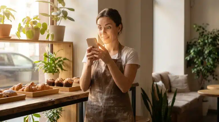 Baker in apron using smartphone beside trays of pastries in cozy cafe with potted plants