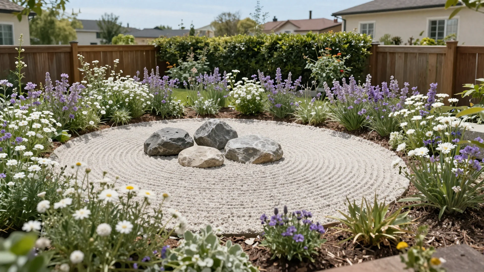 A circular bed of raked white sand with a cluster of stones, surrounded by a border of purple and white wildflowers in a backyard.