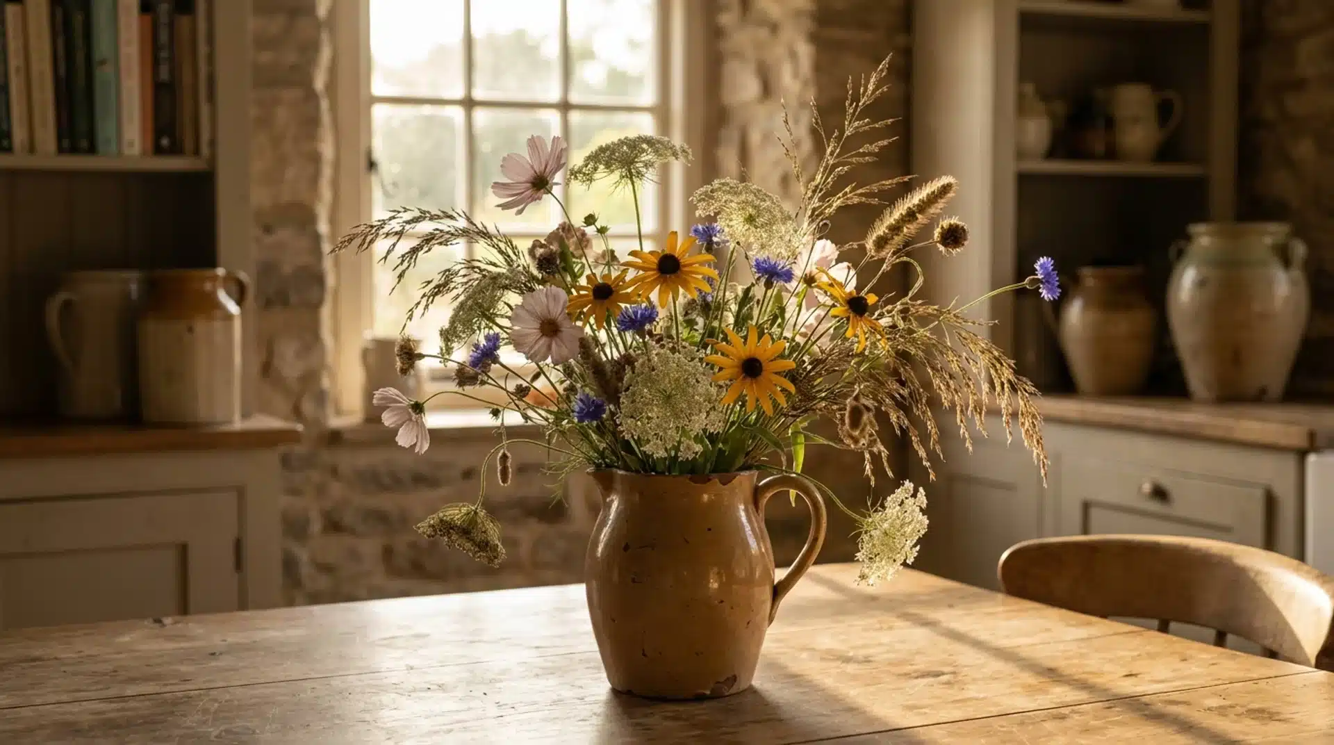 Wildflower arrangement with meadow blooms and grasses in a rustic ceramic pitcher by a window.