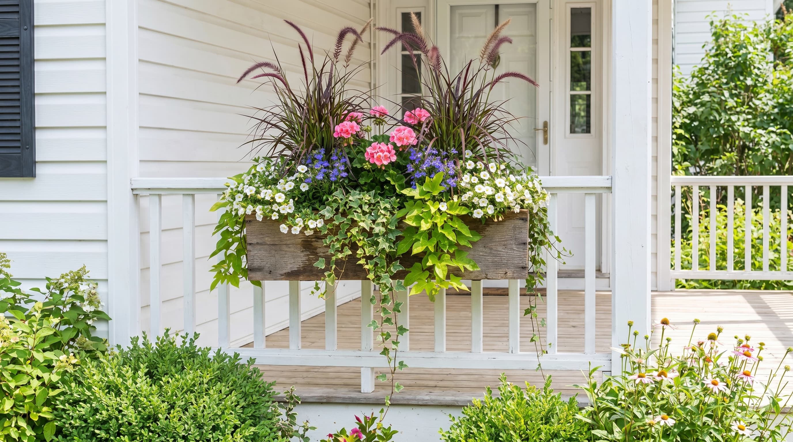Front porch flower ideas with painted window boxes overflowing with trailing ivy, and white alyssum