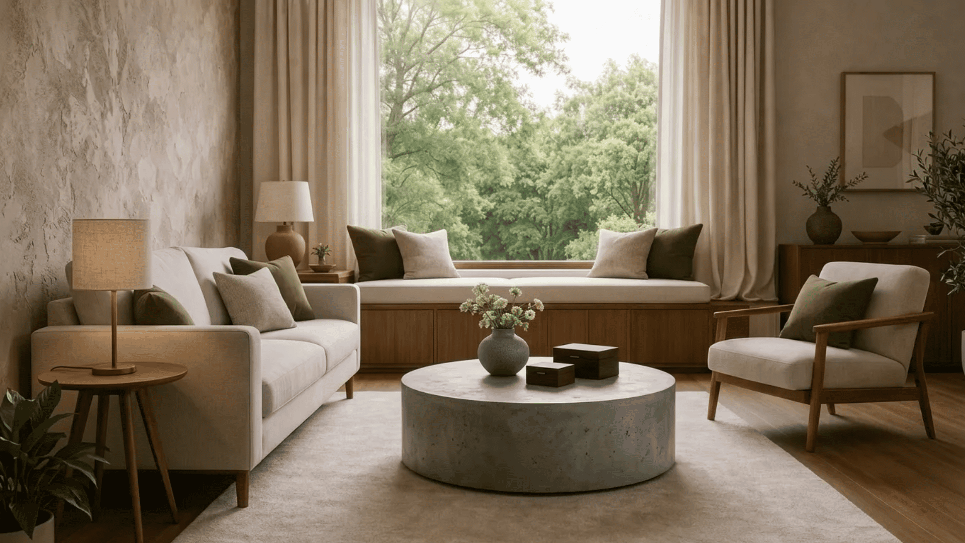 Window-focused living room layout with soft neutral seating, natural light, and a calm open setup centered around the outdoor view.