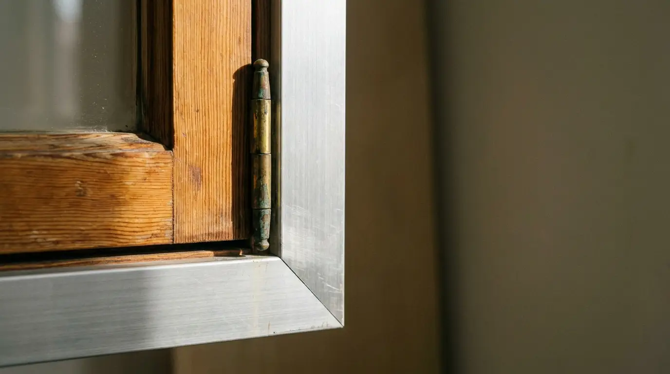 Wooden window frame with brass hinge and aluminum border in natural light