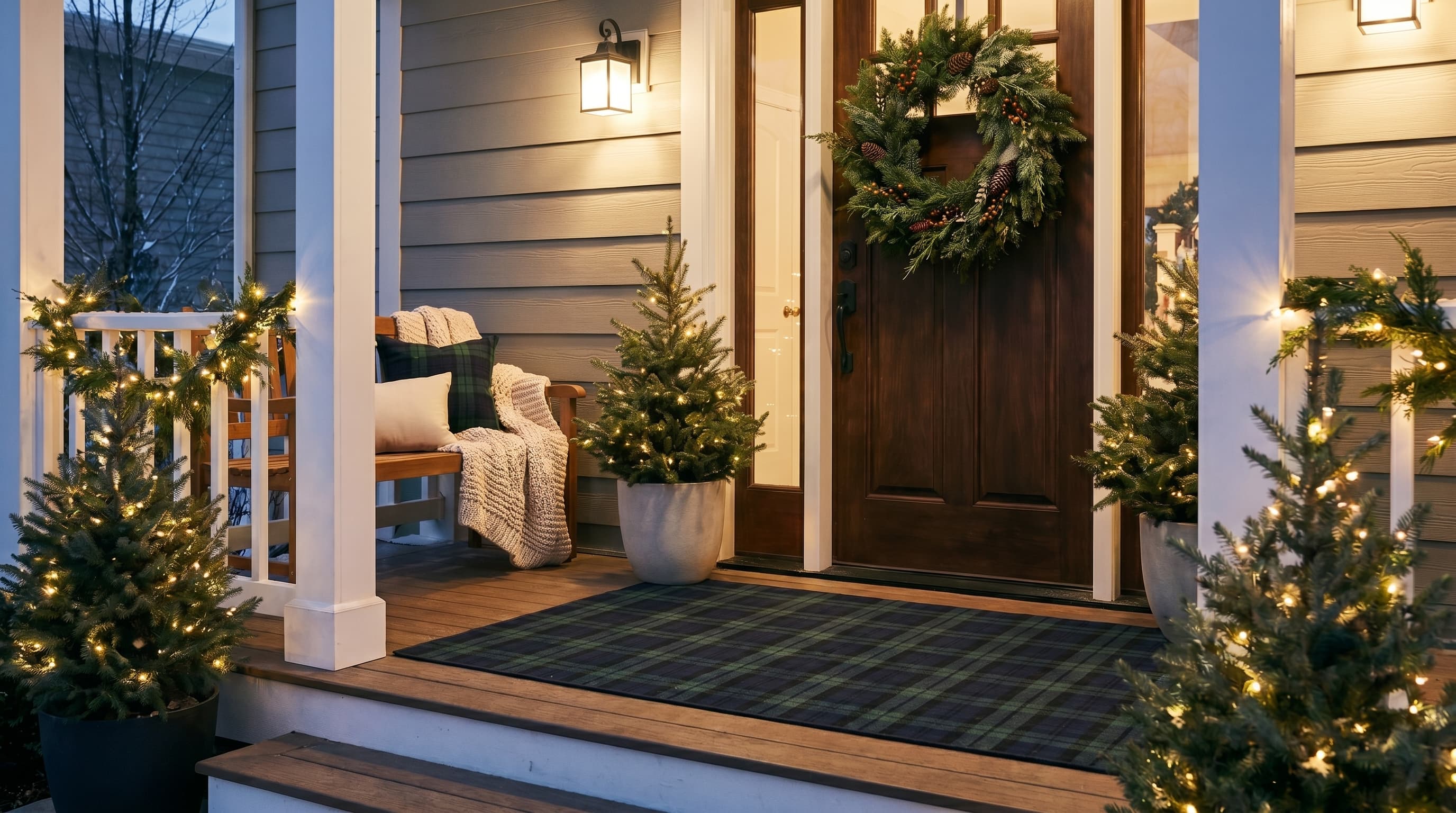 Winter front porch ideas with an evergreen wreath, white fairy lights, and a plaid outdoor rug.