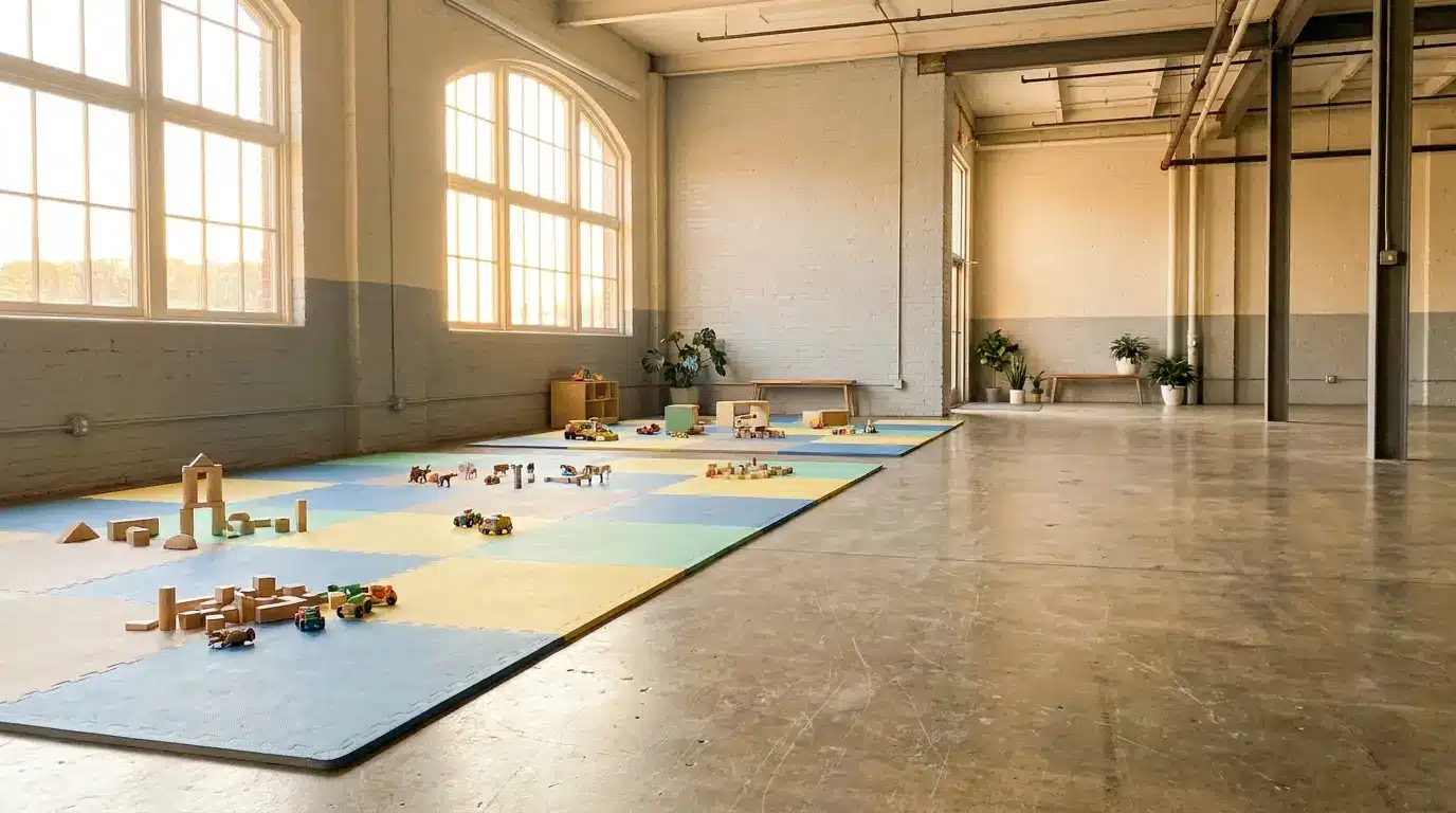 Large playroom with foam mats and wooden toys under natural light from big windows