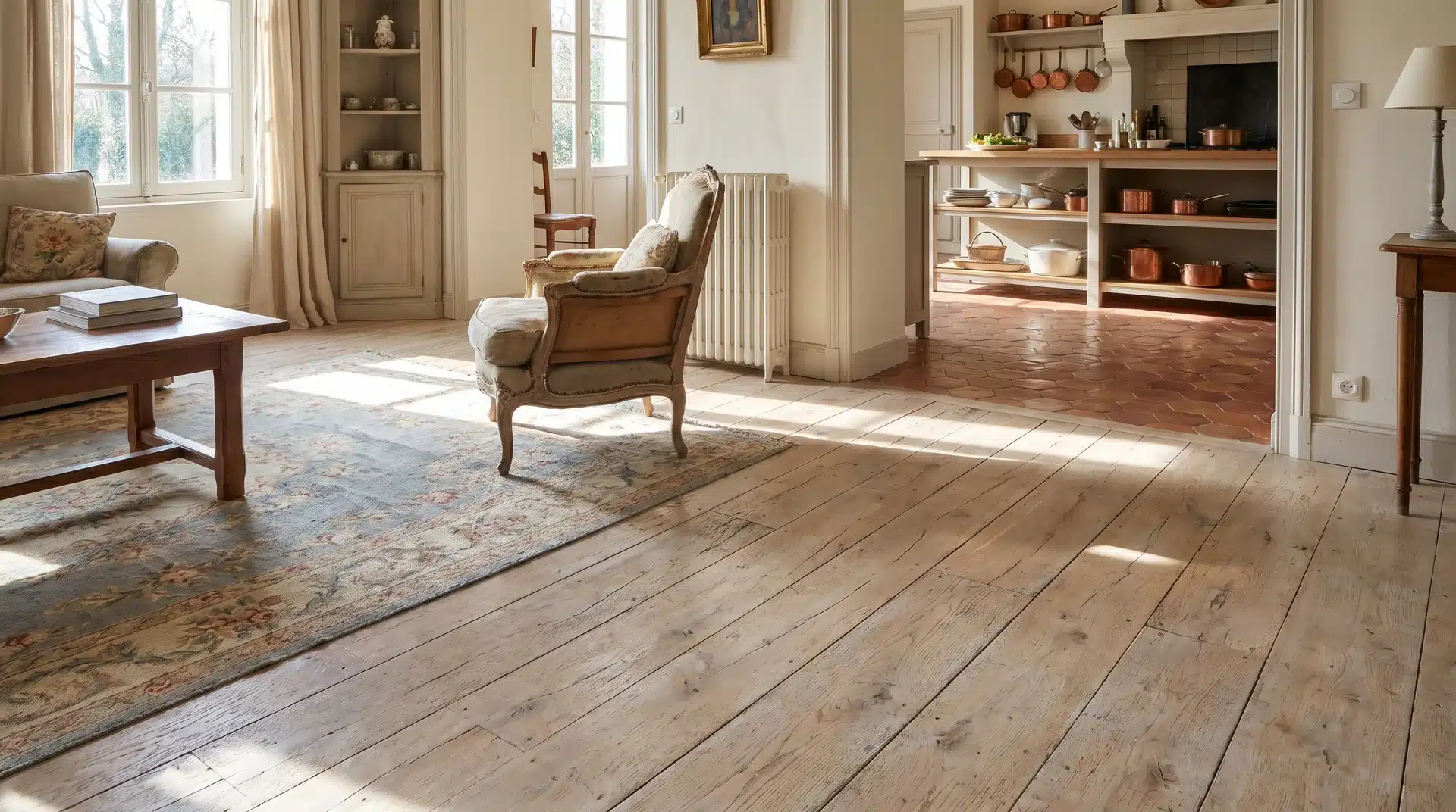 French country living room with wide worn wooden floors, floral area rug, and sunlit interior.