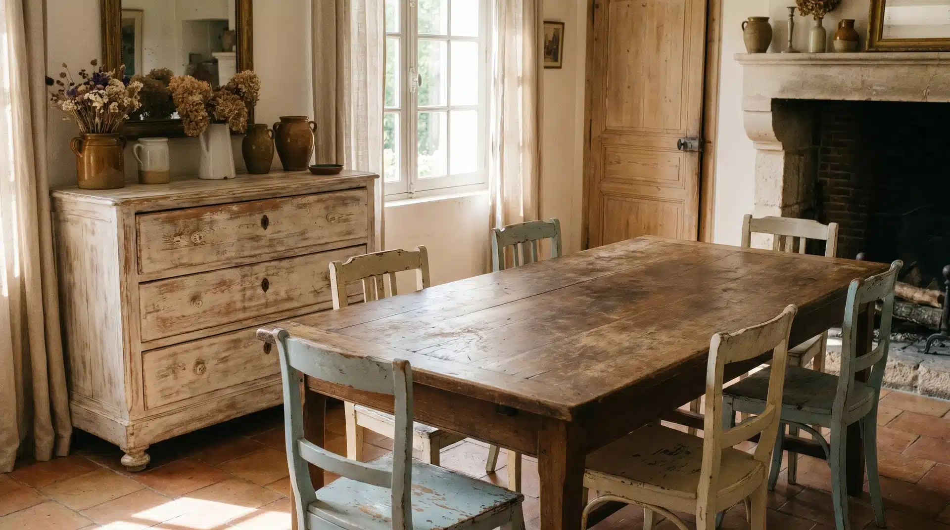 French country room with worn wooden floors, rustic armchair, patterned rug, and sunlit space.